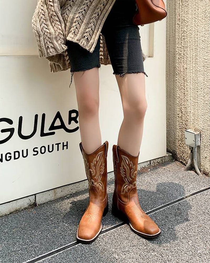 Casual-Street-Western-Cowhide-Mid-Calf-Boots-14