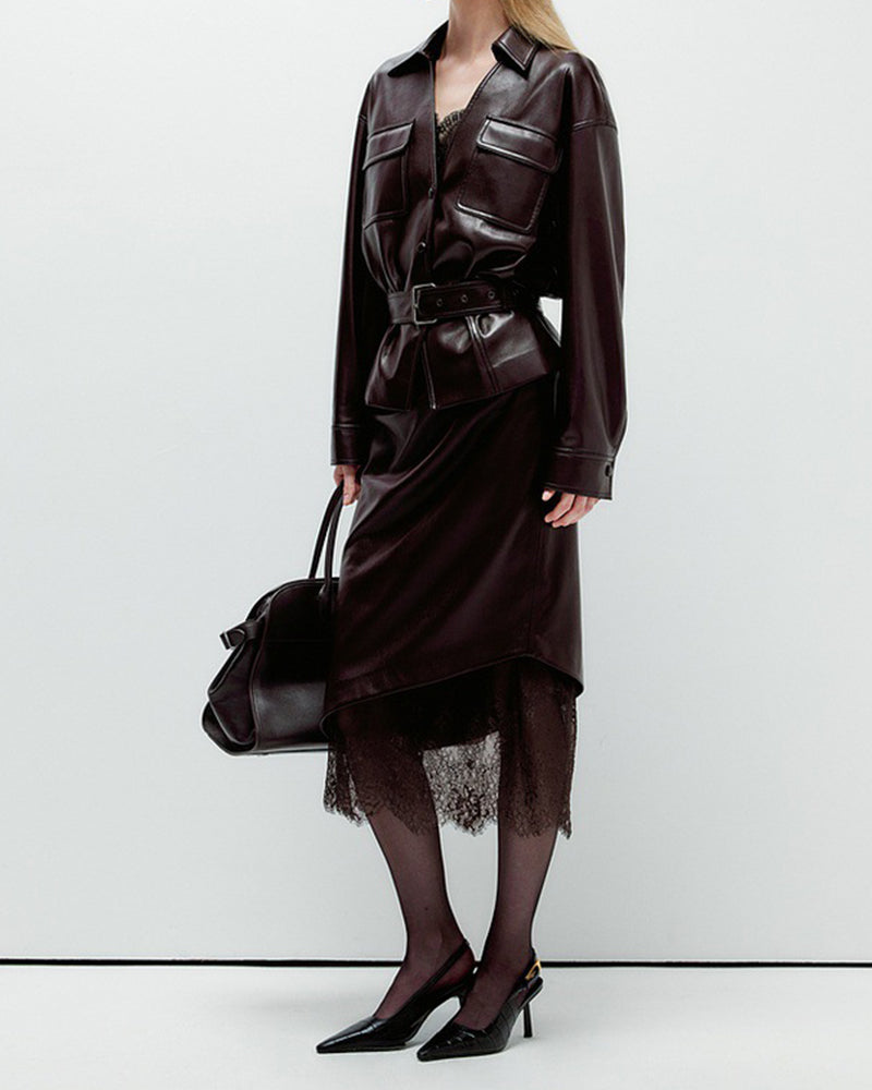 Gallery-Faux-Leather-Belted-Jacket-And-Lace-Trim-Skirt-Set-4