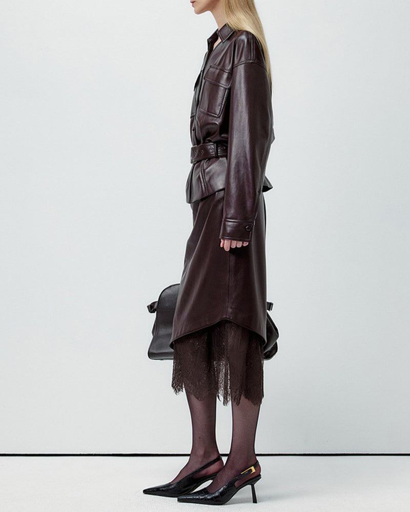 Gallery-Faux-Leather-Belted-Jacket-And-Lace-Trim-Skirt-Set-3