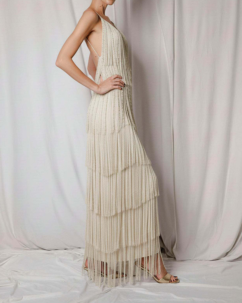 Ballroom-V-Neck-Sleeveless-Tiered-Fringe-Maxi-Dress-4