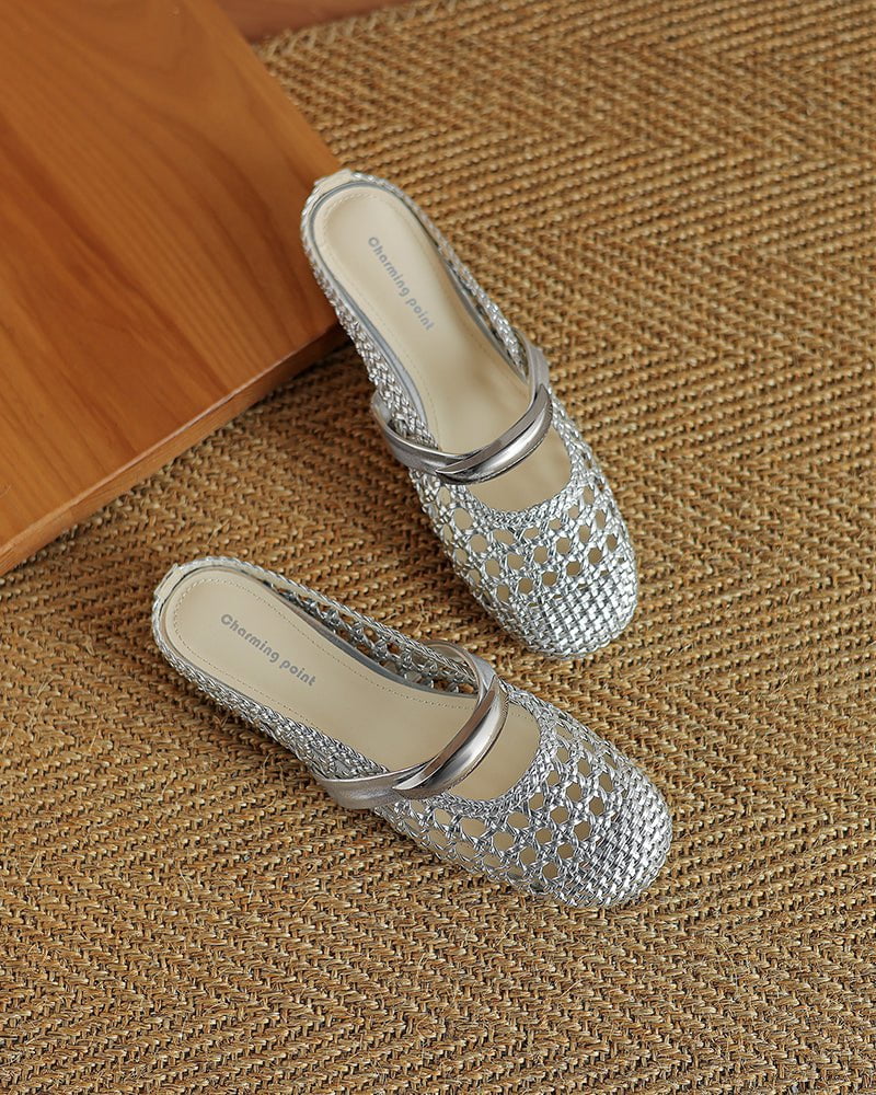 Woven Gold-Tone Strap Mary Jane Flats