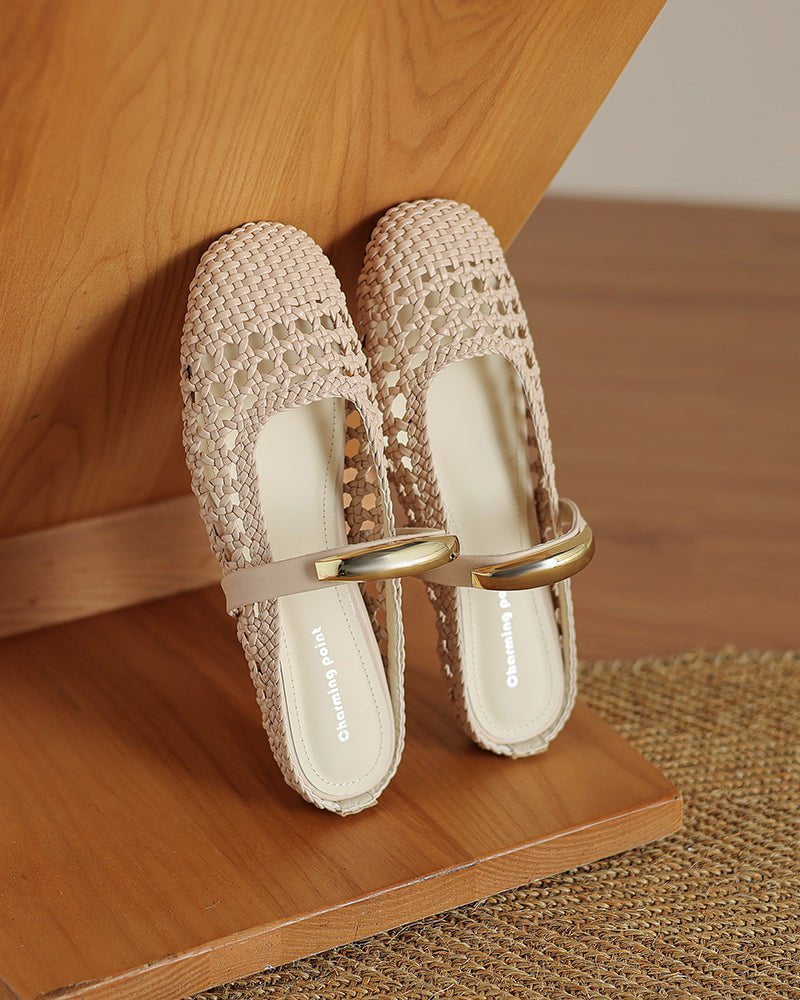 Woven Gold-Tone Strap Mary Jane Flats