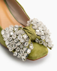 (Clean Up) Rhinestone Bow Chunky Low Heels Slip on Comfy Pumps