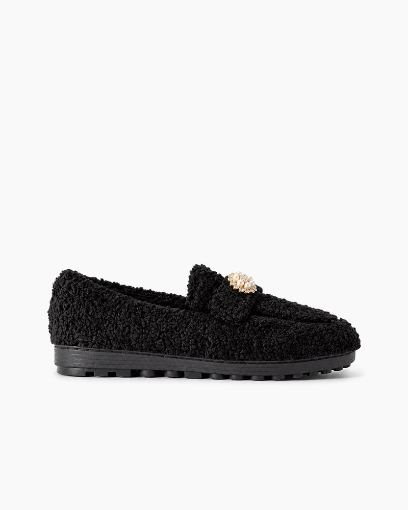 Pearl-Embellished Elegant Fuzzy Flat Loafers