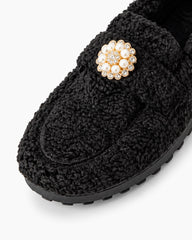 Pearl-Embellished Elegant Fuzzy Flat Loafers
