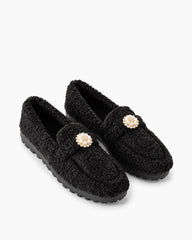 Pearl-Embellished Elegant Fuzzy Flat Loafers