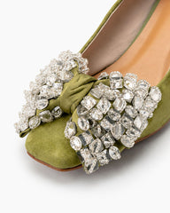 (Clean Up - US 7/11) Rhinestone Bow Chunky Low Heels Slip on Comfy Pumps