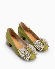 (Clean Up - US 7/11) Rhinestone Bow Chunky Low Heels Slip on Comfy Pumps