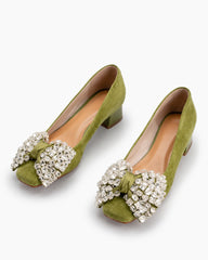 (Clean Up - US 7/11) Rhinestone Bow Chunky Low Heels Slip on Comfy Pumps