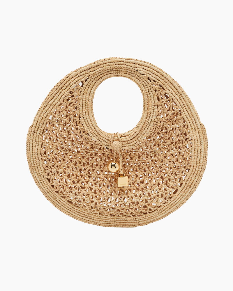 Chic Woven Raffia Circle Bag with Gold Charm Pendant