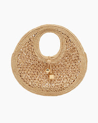 Chic Woven Raffia Circle Bag with Gold Charm Pendant