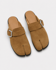 Brown Suede Flat Sole Split-Toe Sandal Mules
