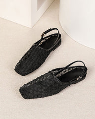 French Retro Mesh Square-Toe Slingback Mary Jane Flats